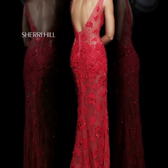 Sherri Hill 11127 Red Lace Dress - Picture 2 of 9